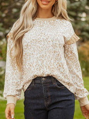 Leopard Ruffle Detail Ribbed Trim Round Neck Sweatshirt 