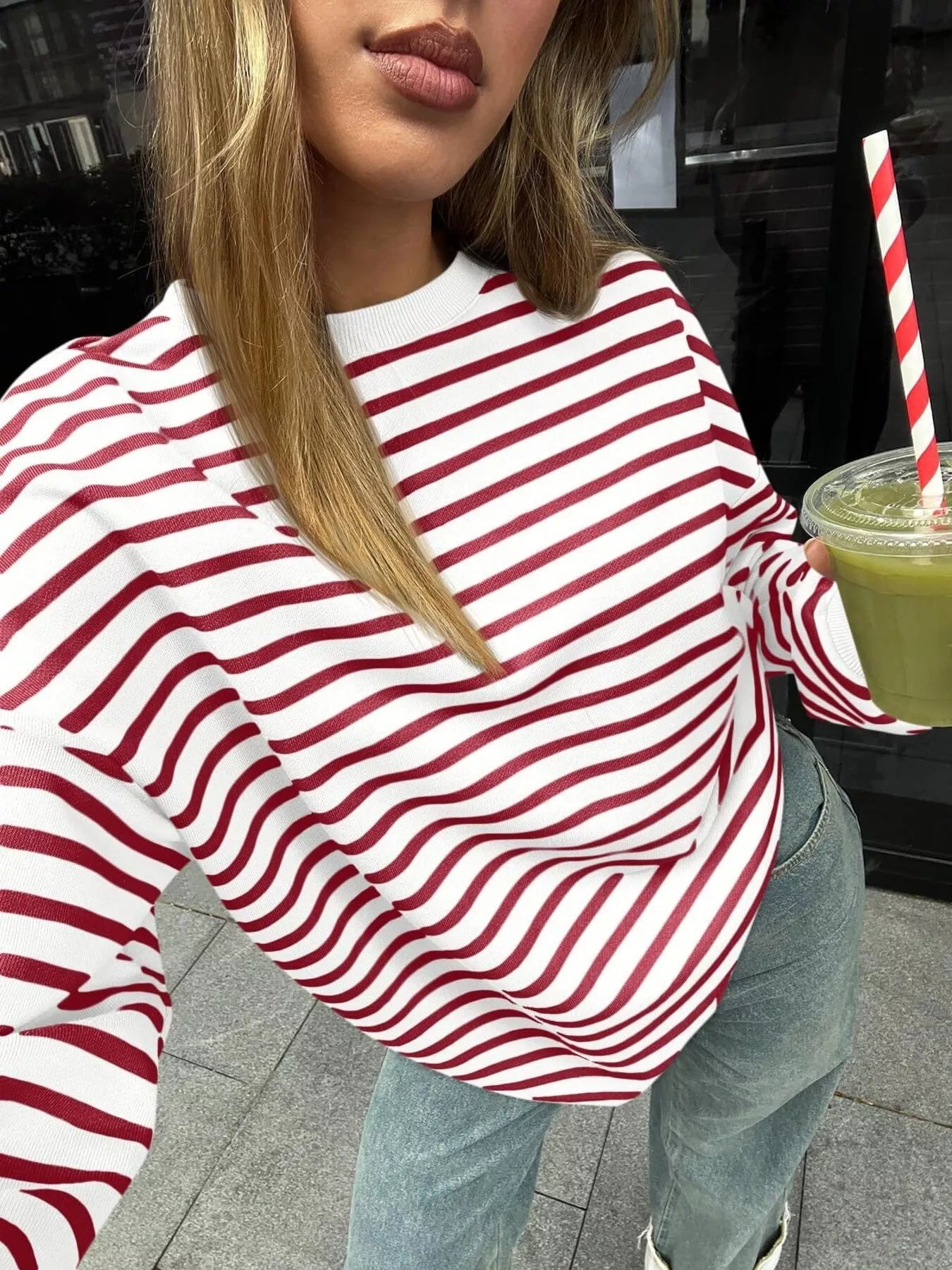 Striped Round Neck Oversized Casual Sweatshirt 