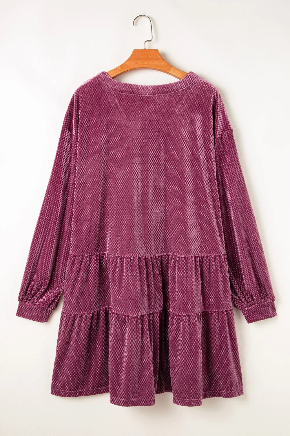 Plus Size Textured Velvet Decorative Button Long Sleeve Dress 