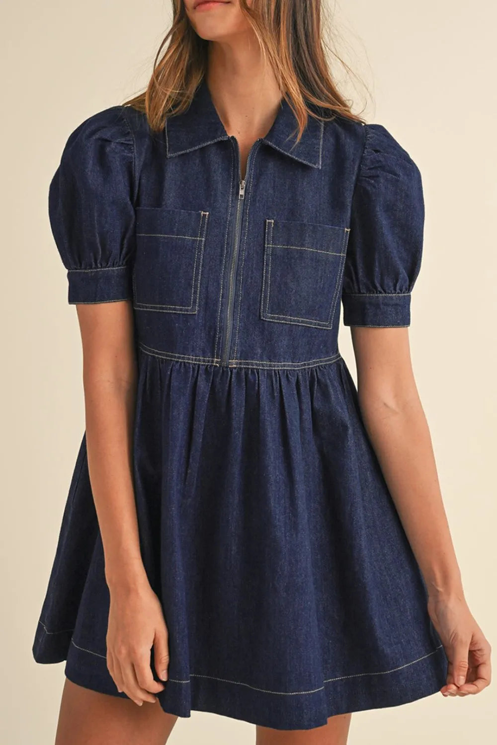 Collared Neck Half Zip Denim Dress 