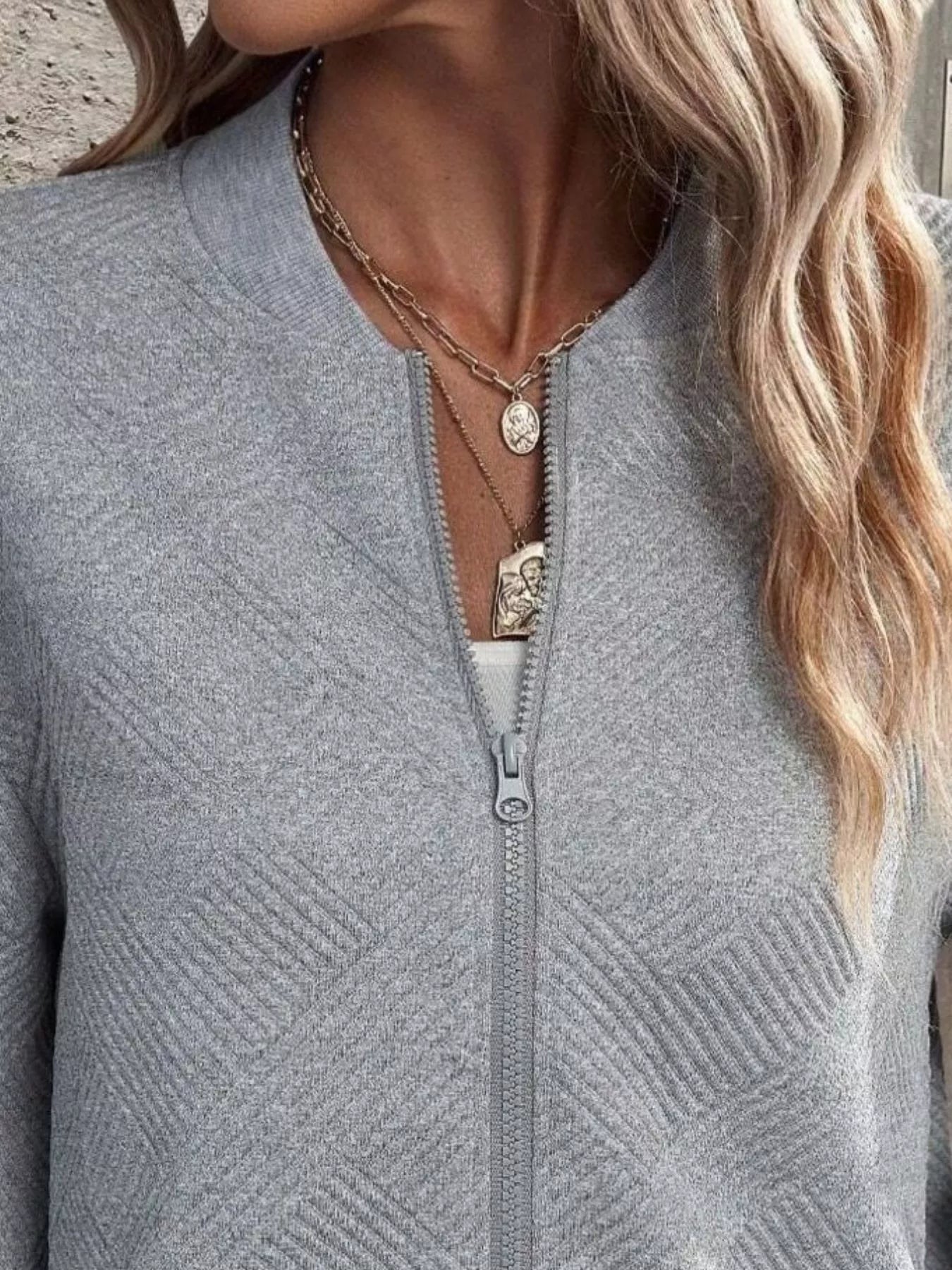 Full Size Zip Up Long Sleeve Textured Jacket Plus Size 