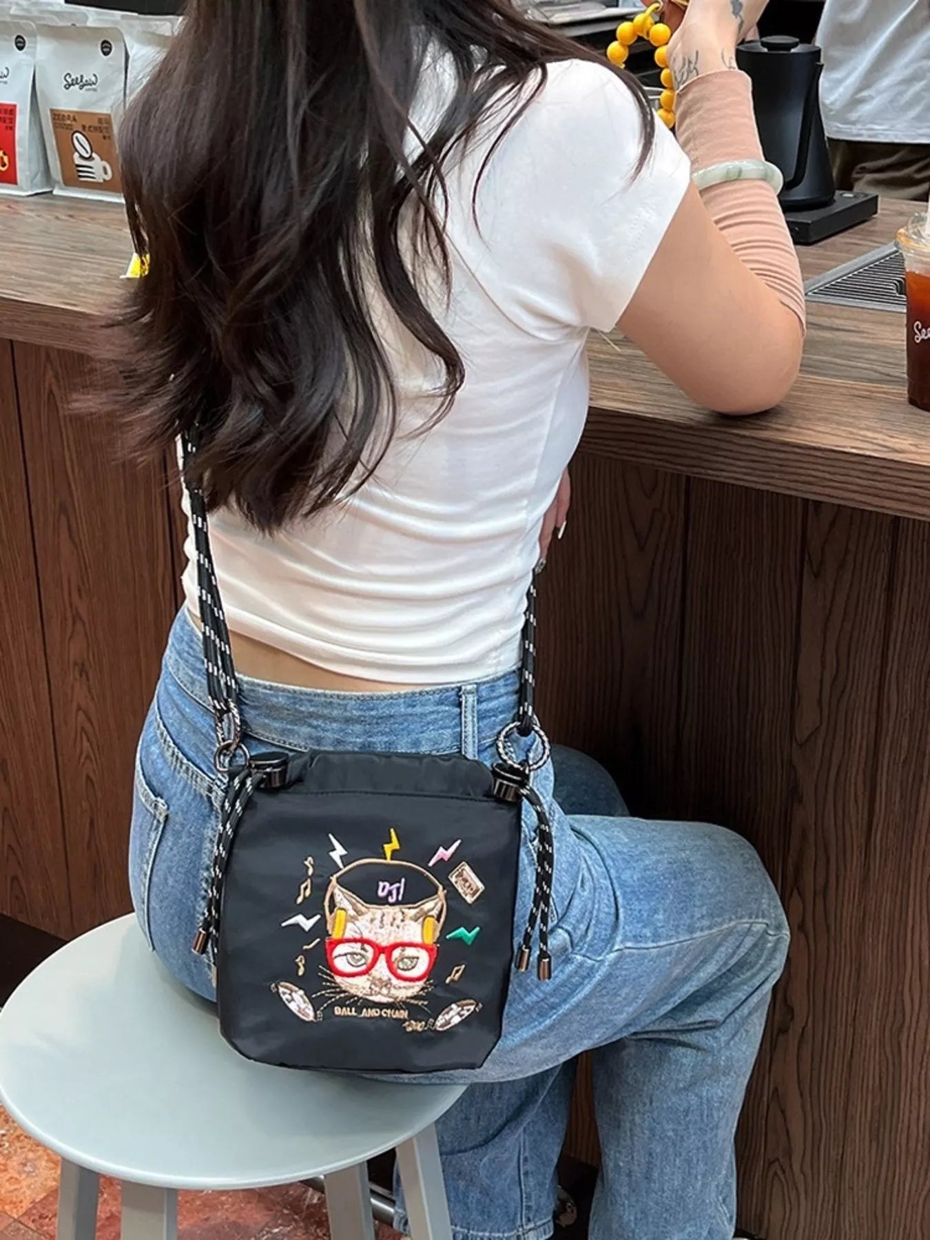 Embroidered Crossbody Bag with Rope Strap 
