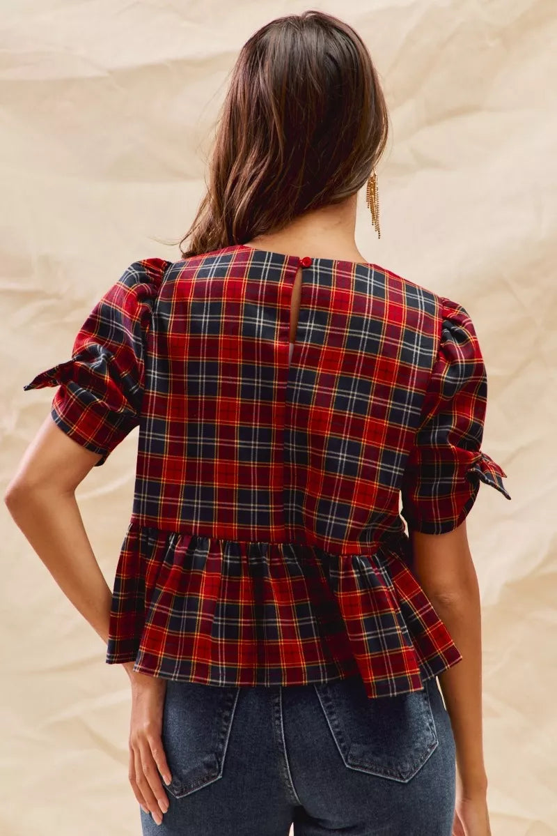 SO ME Christmas Holiday Plaid Ribbon Short Sleeves Top 