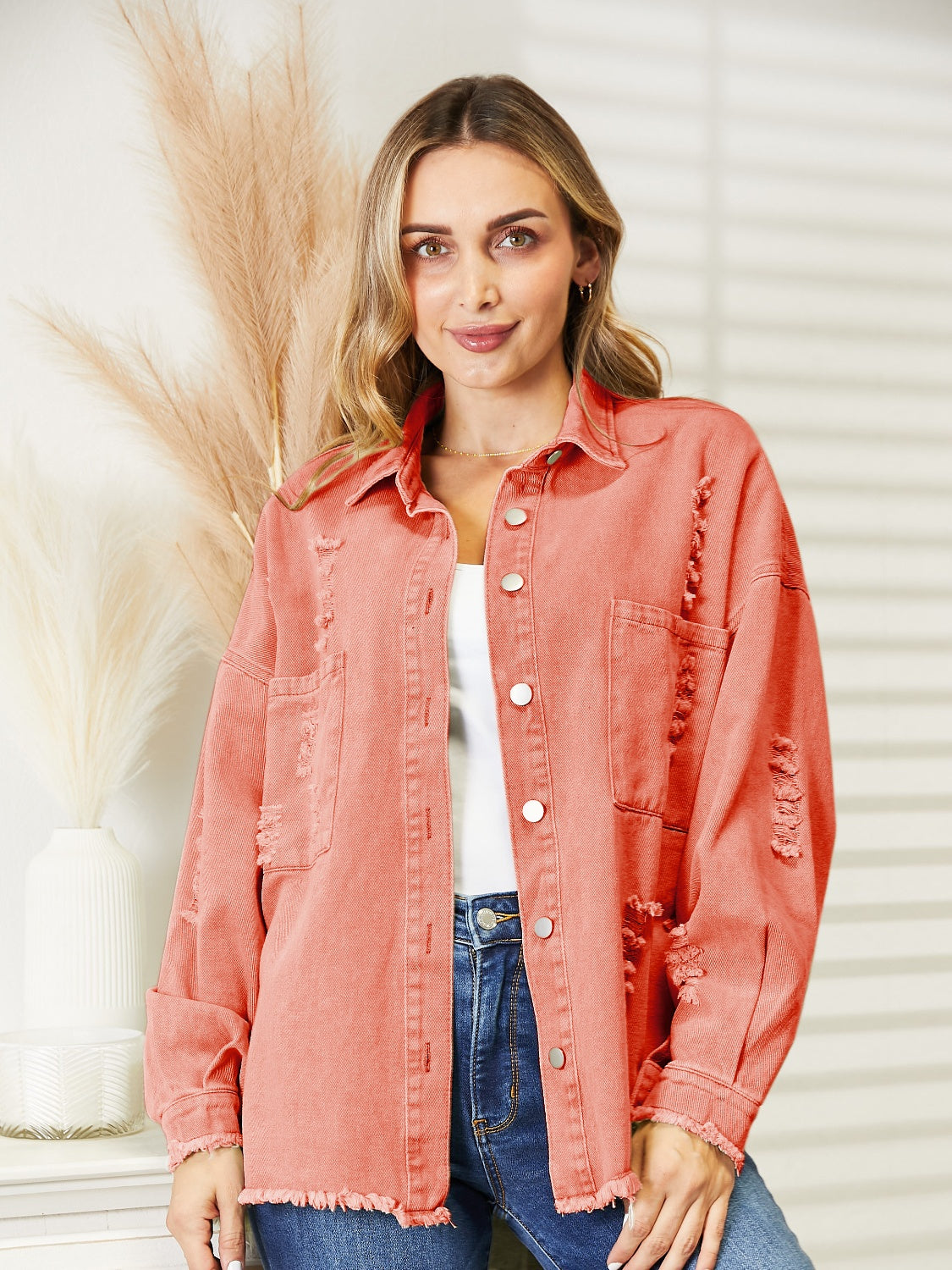 Distressed Raw Hem Denim Jacket 