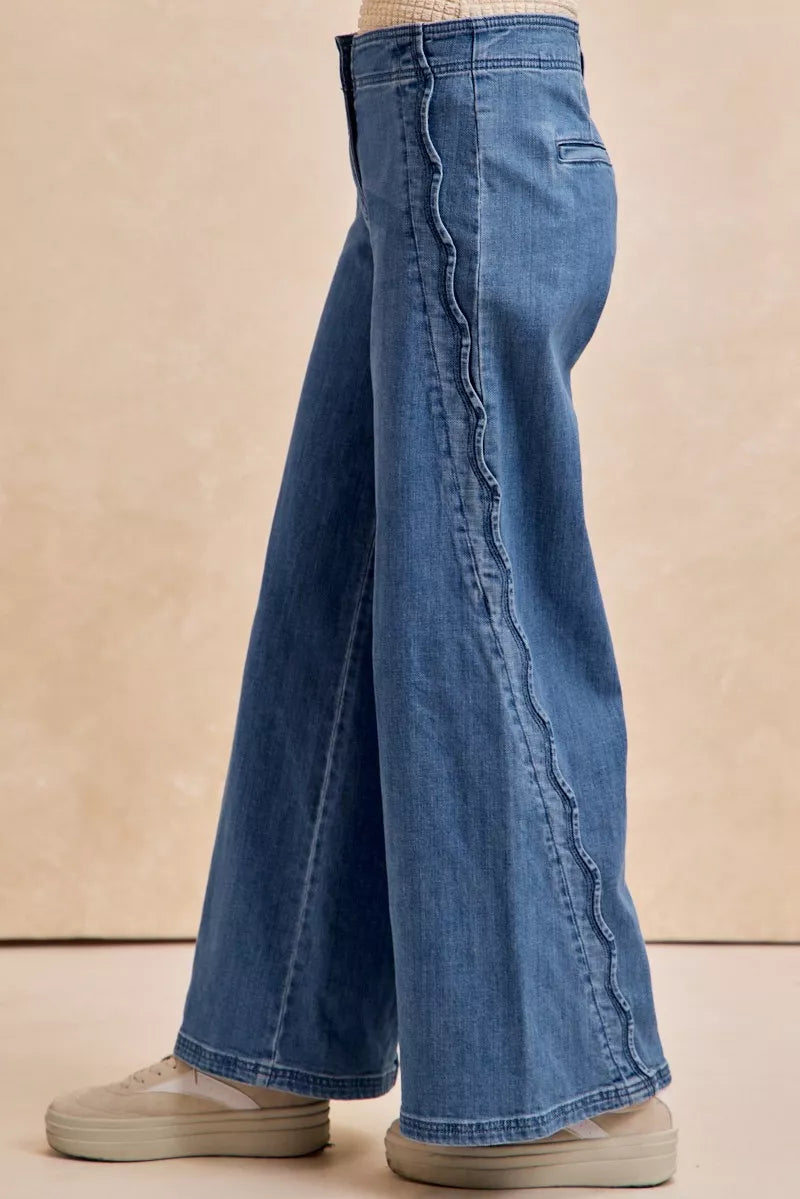BiBi Wavy Side Edge Detail Lined Wide Leg Jeans 