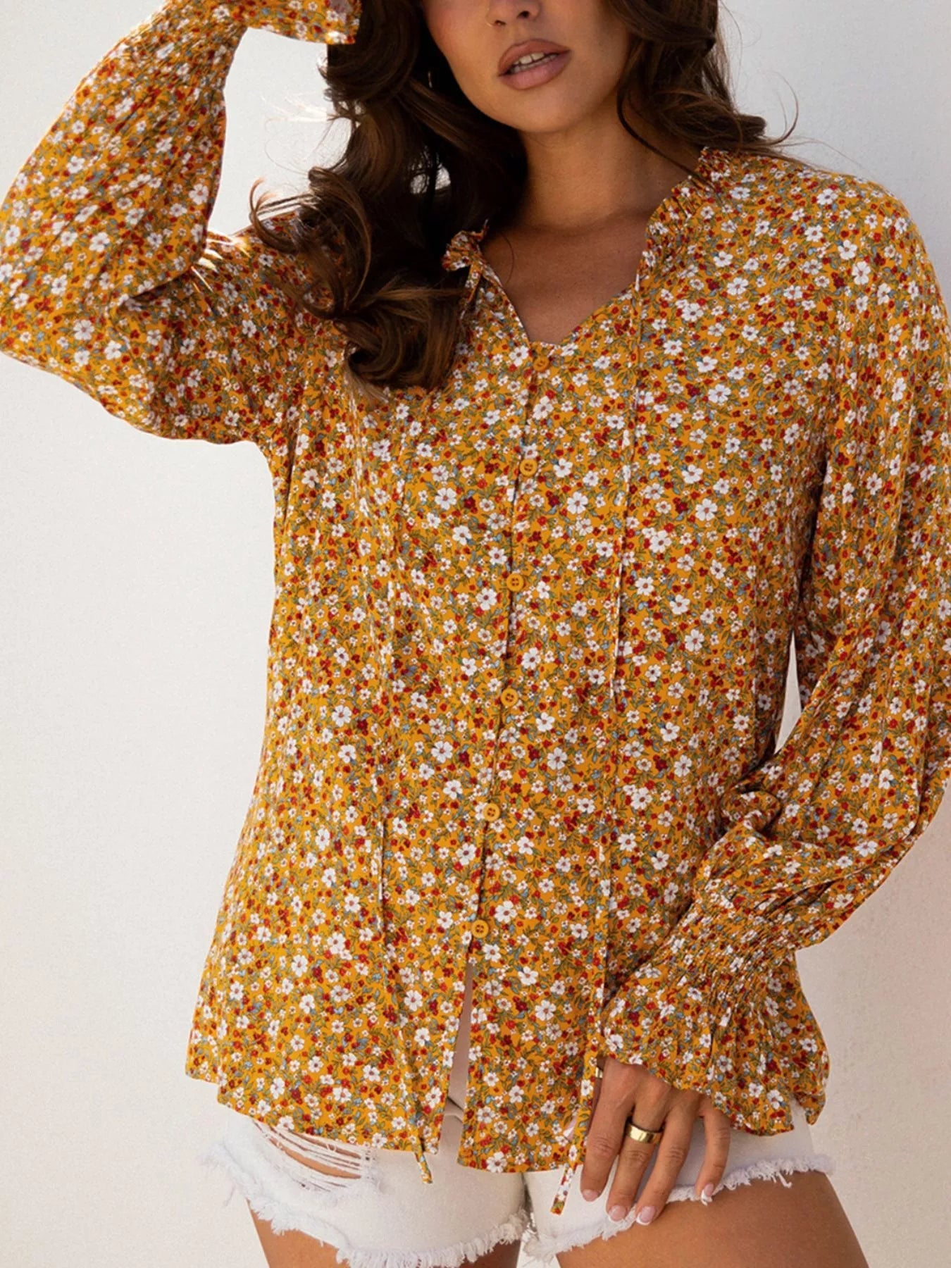 Floral Ruffled Bubble Sleeve Tie Neck Blouse 