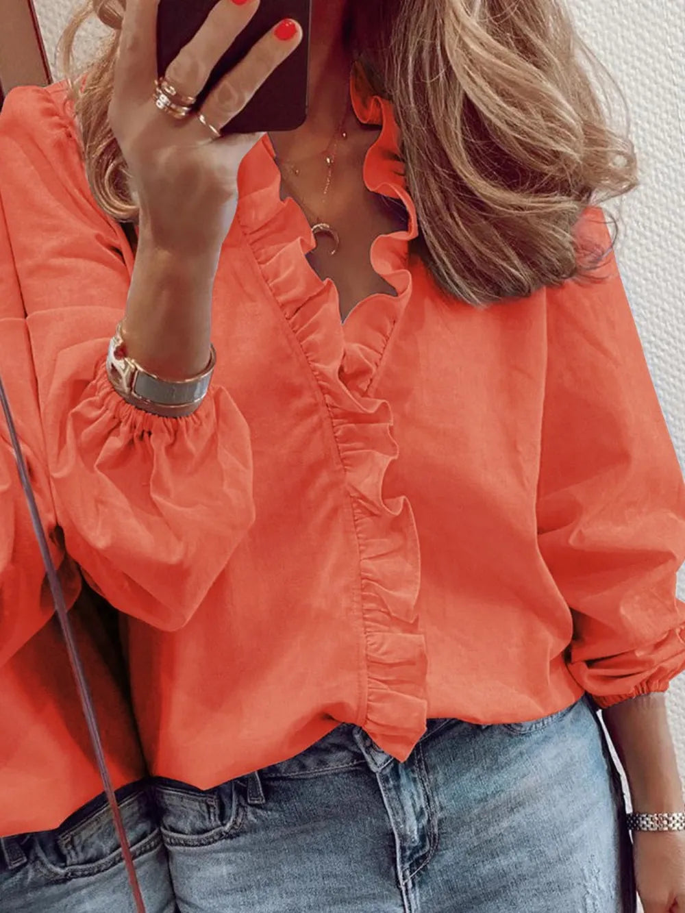 Ruffled V-Neck Long Sleeve Blouse 