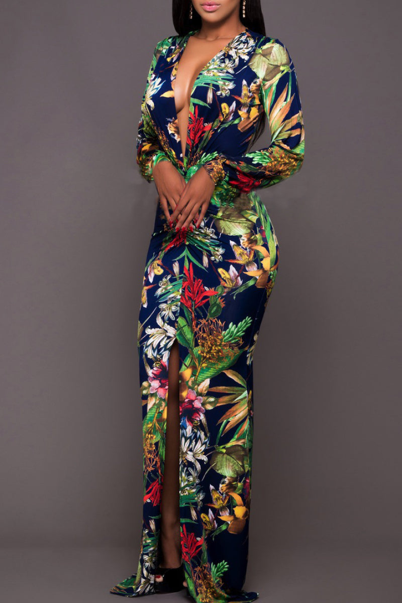Printed Plunge Neck Leg Split Maxi Dress 