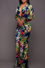 Printed Plunge Neck Leg Split Maxi Dress 