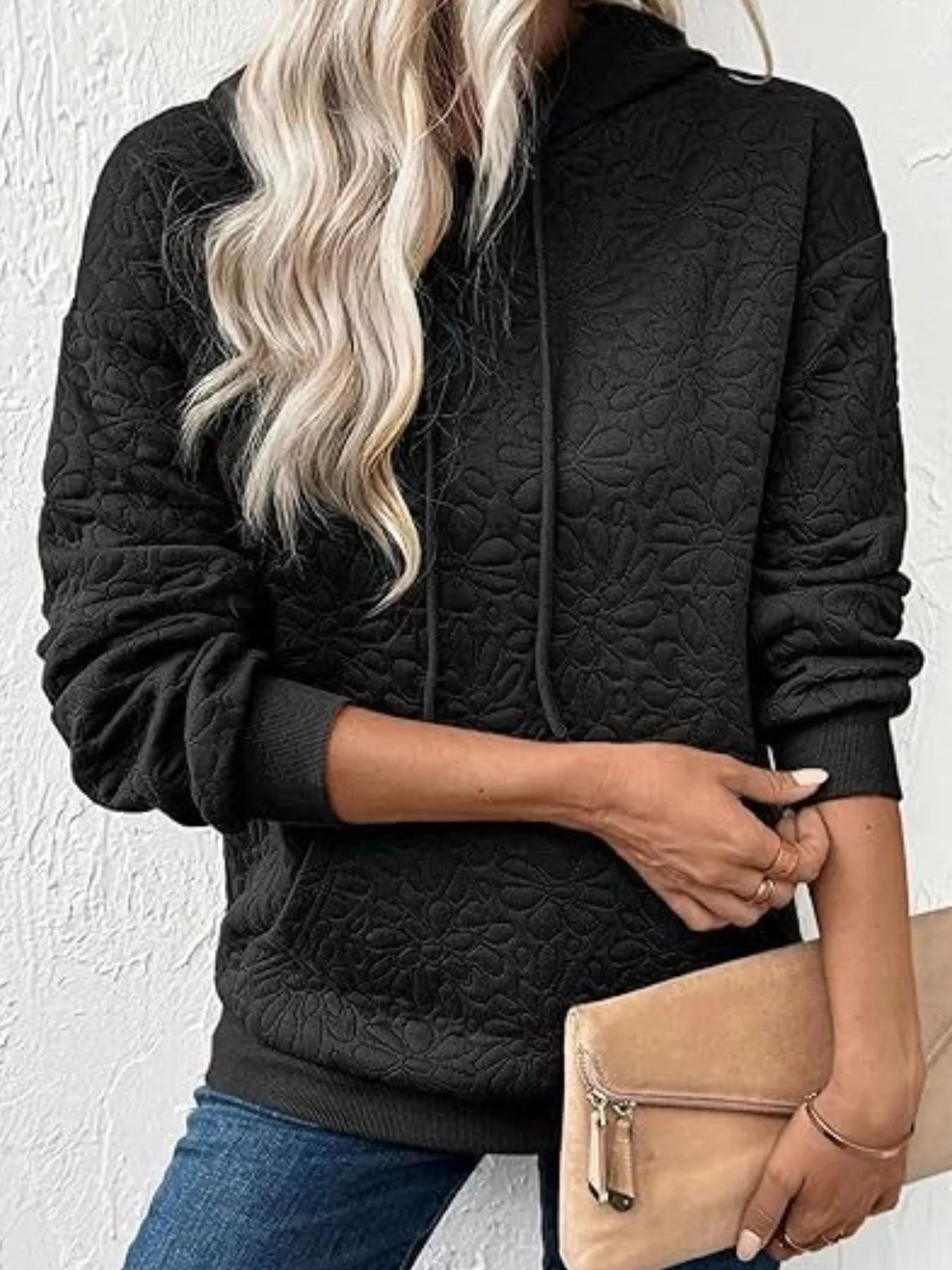 Textured Floral Quilted Hoodie 