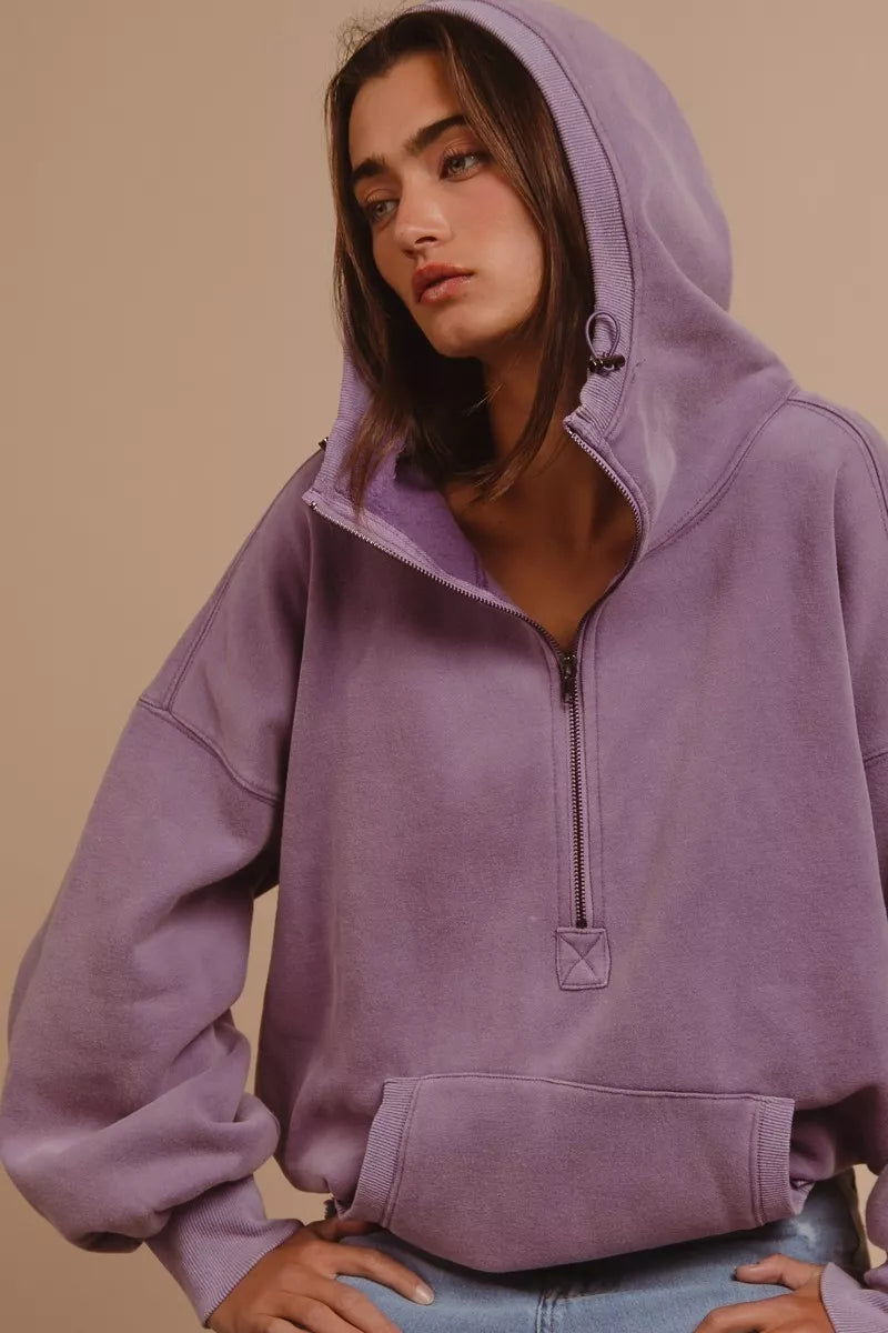 BiBi Stitch Detailed Elastic Hem Half Zip Fleece Hoodie 