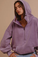 BiBi Stitch Detailed Elastic Hem Half Zip Fleece Hoodie 