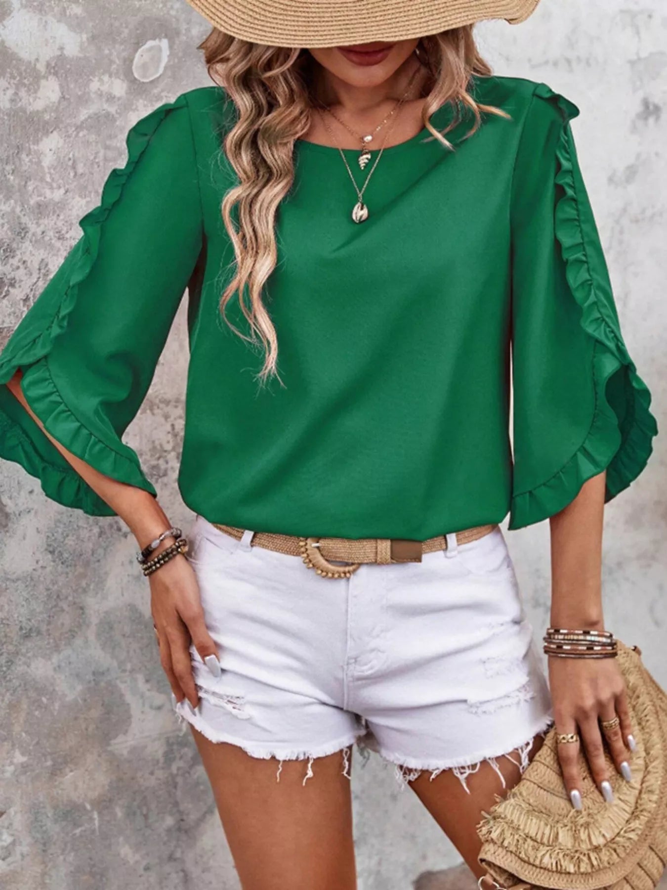 Ruffle Sleeve Solid Color Blouse 
