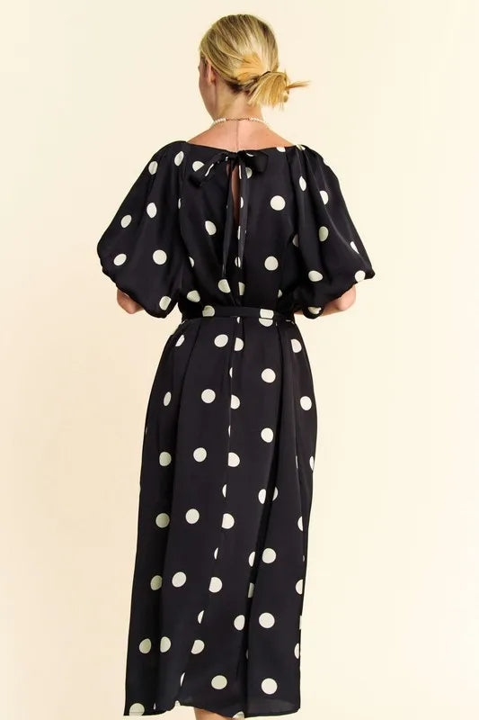 Davi & Dani Polka Dot Puff Sleeves Waist Tie Midi Dress 