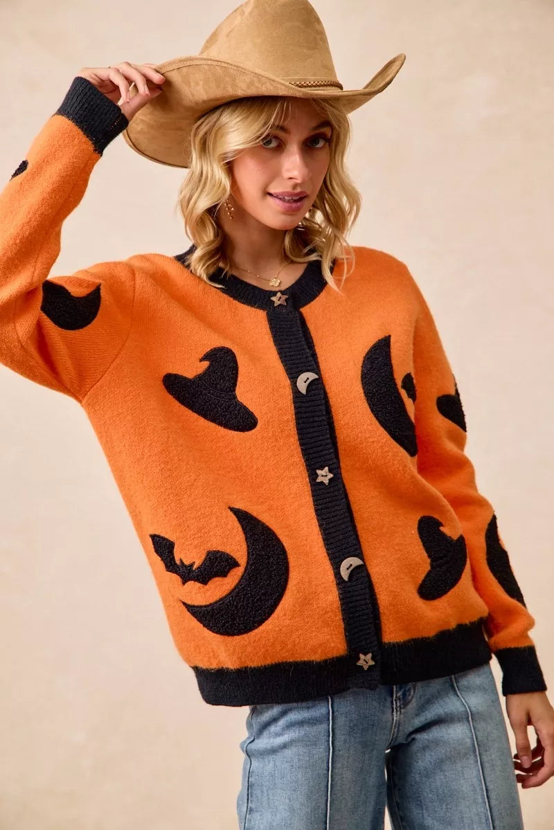BiBi Halloween Witch Hat Moon Bat Artwork Cardigan 