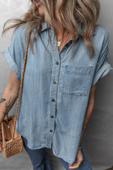 Folded Short Sleeve Patched Pocket Denim Shirt 
