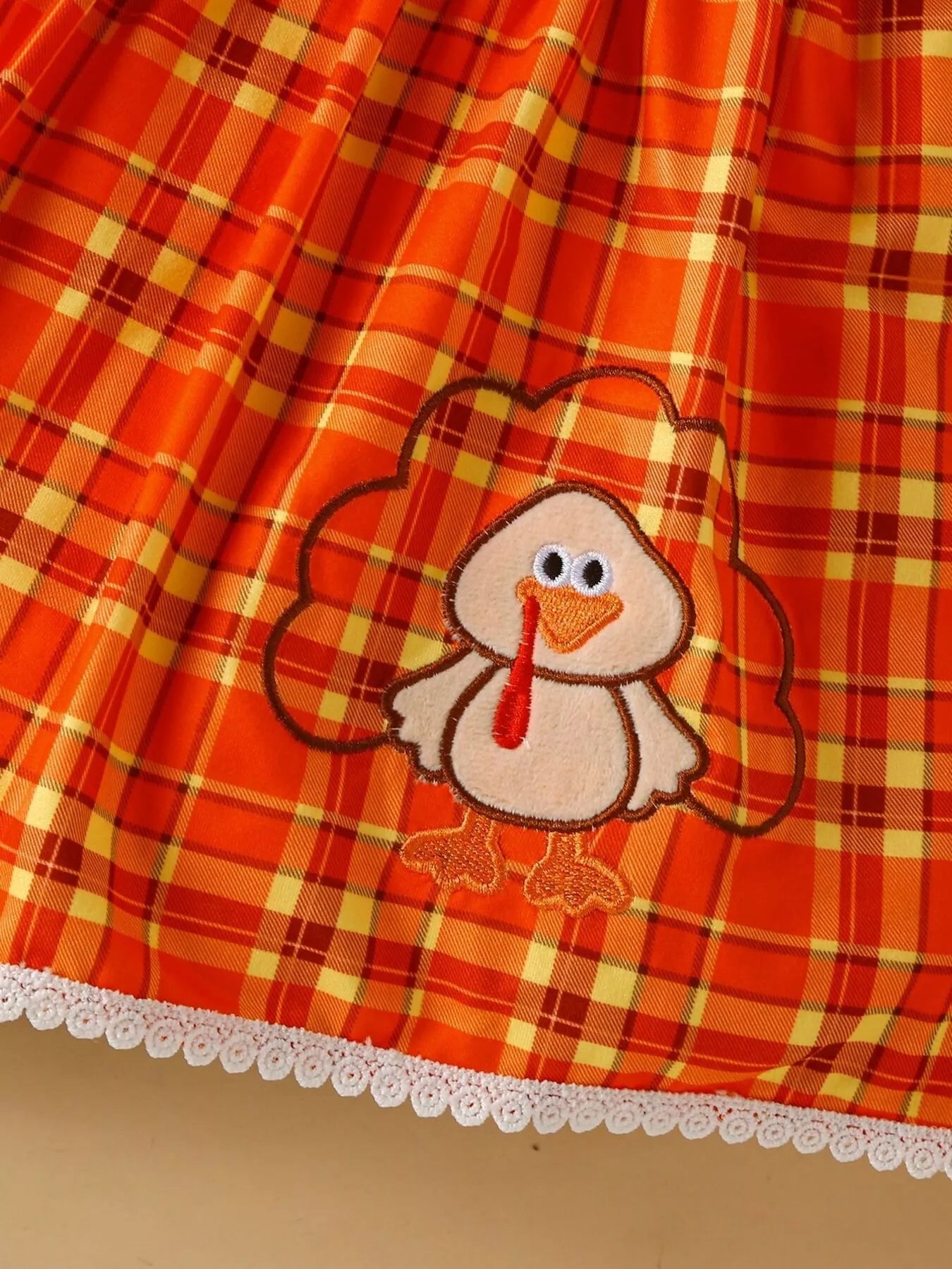 Children's Plaid Turkey Embroidered Bowknot Dress 3 Piece Set 