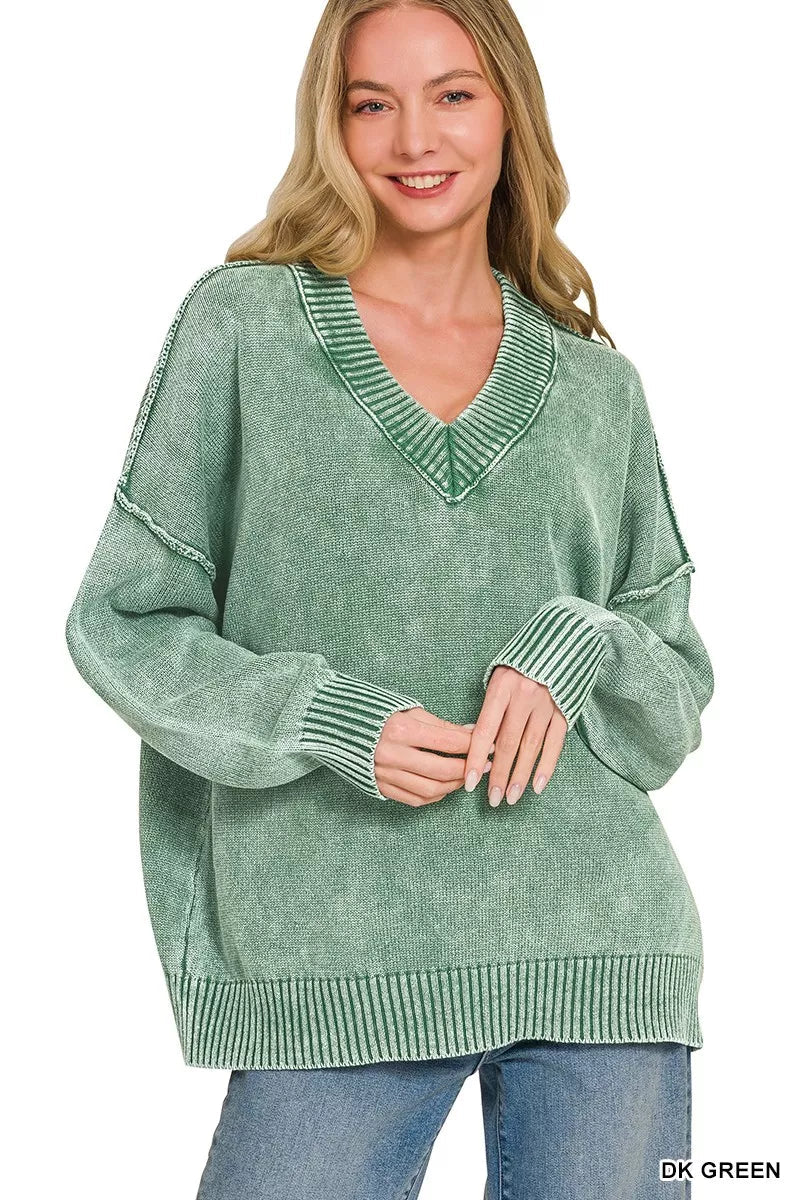 Zenana Washed Deep V-neck Oversized Sweater 