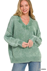 Zenana Washed Deep V-neck Oversized Sweater 