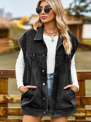 Button Up Collared Neck Sleeveless Denim Jacket 