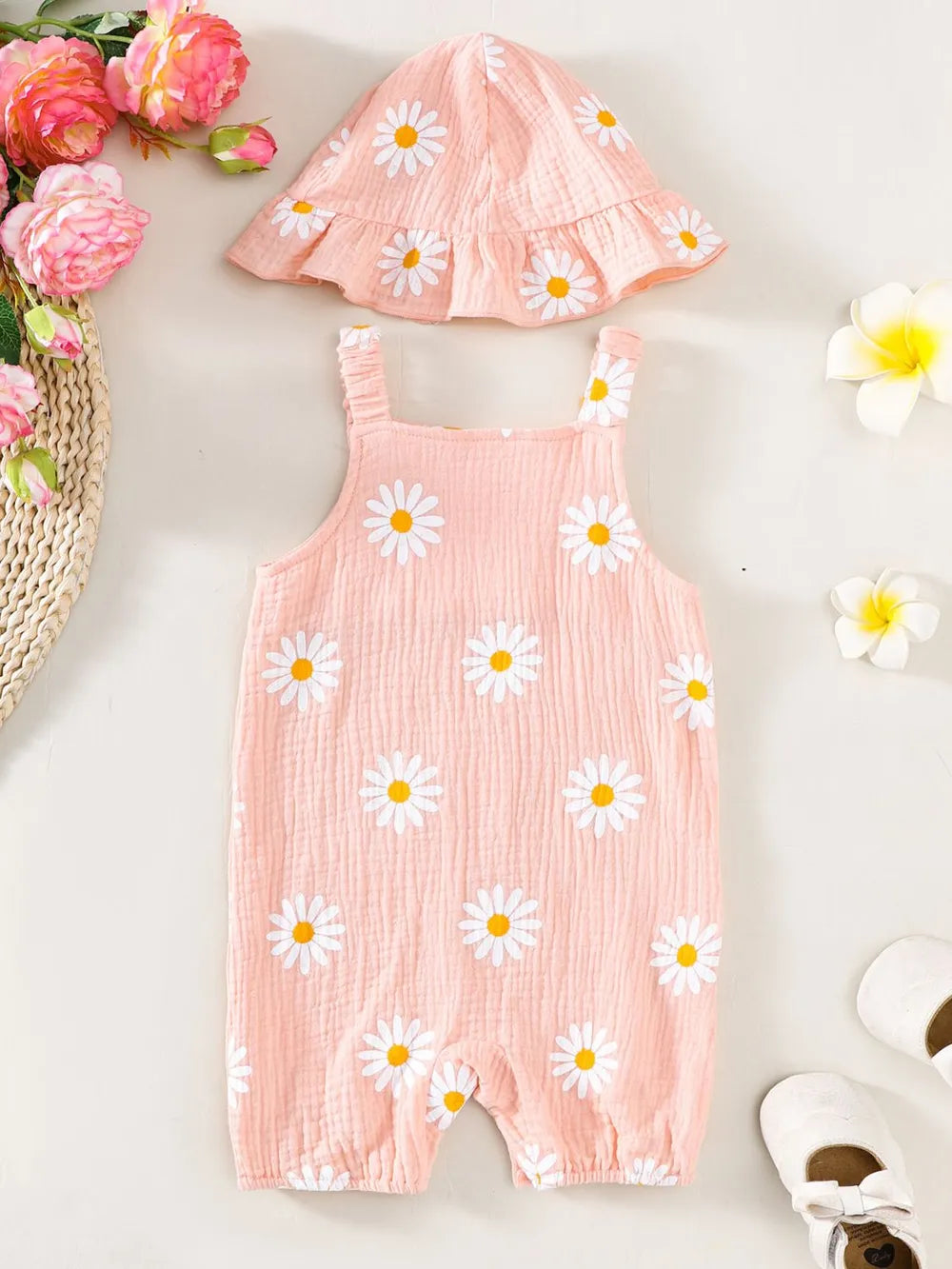 Children's Daisy Textured Wide Strap Romper and Hat Set 