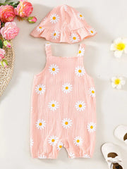 Children's Daisy Textured Wide Strap Romper and Hat Set 