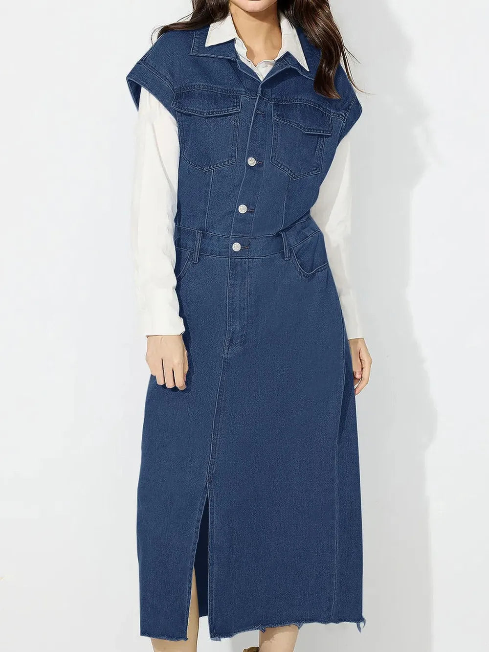 Slit Half Button Collared Neck Cap Sleeve Denim Dress 