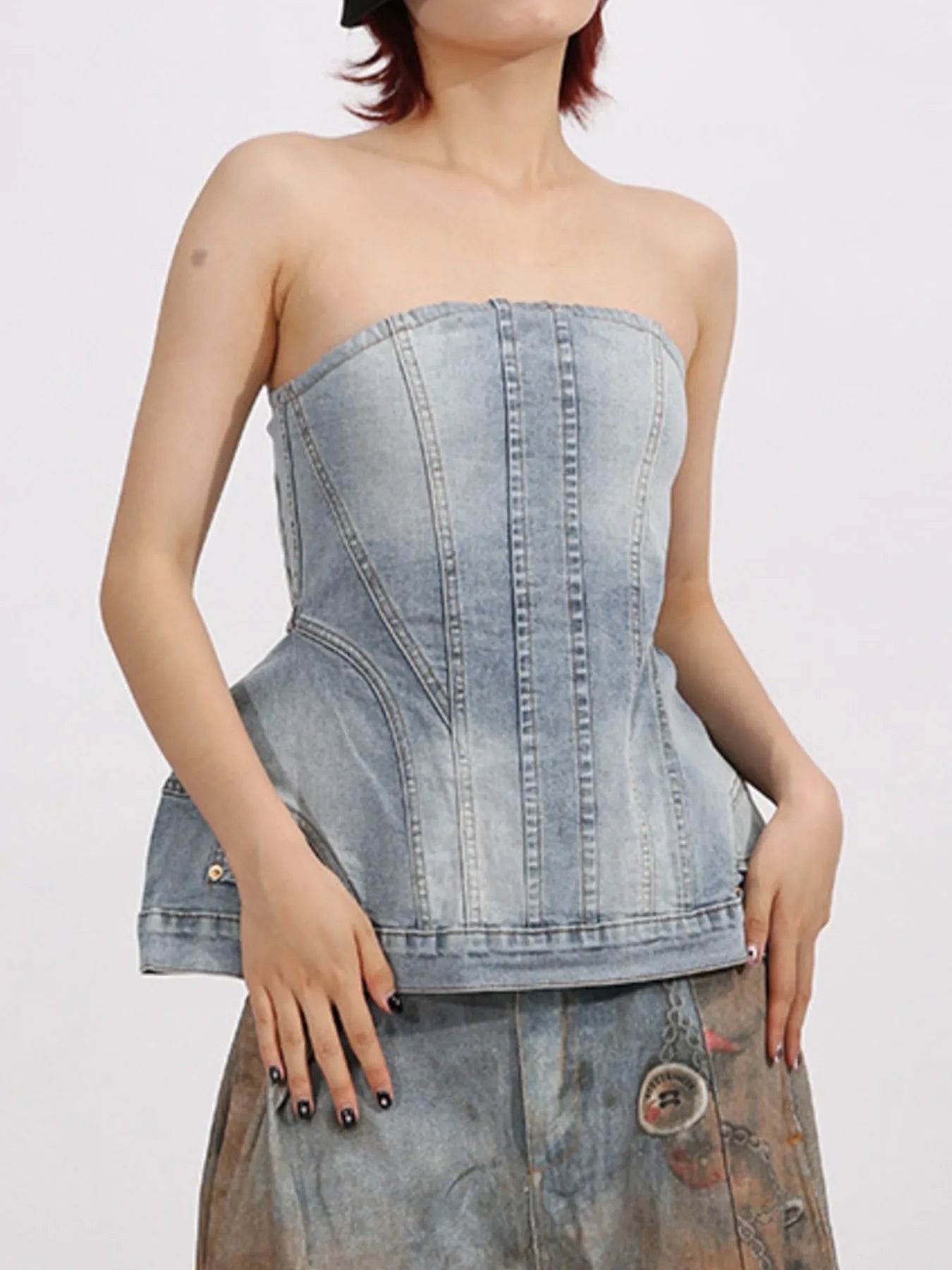 Zip Back Denim Tube Top 
