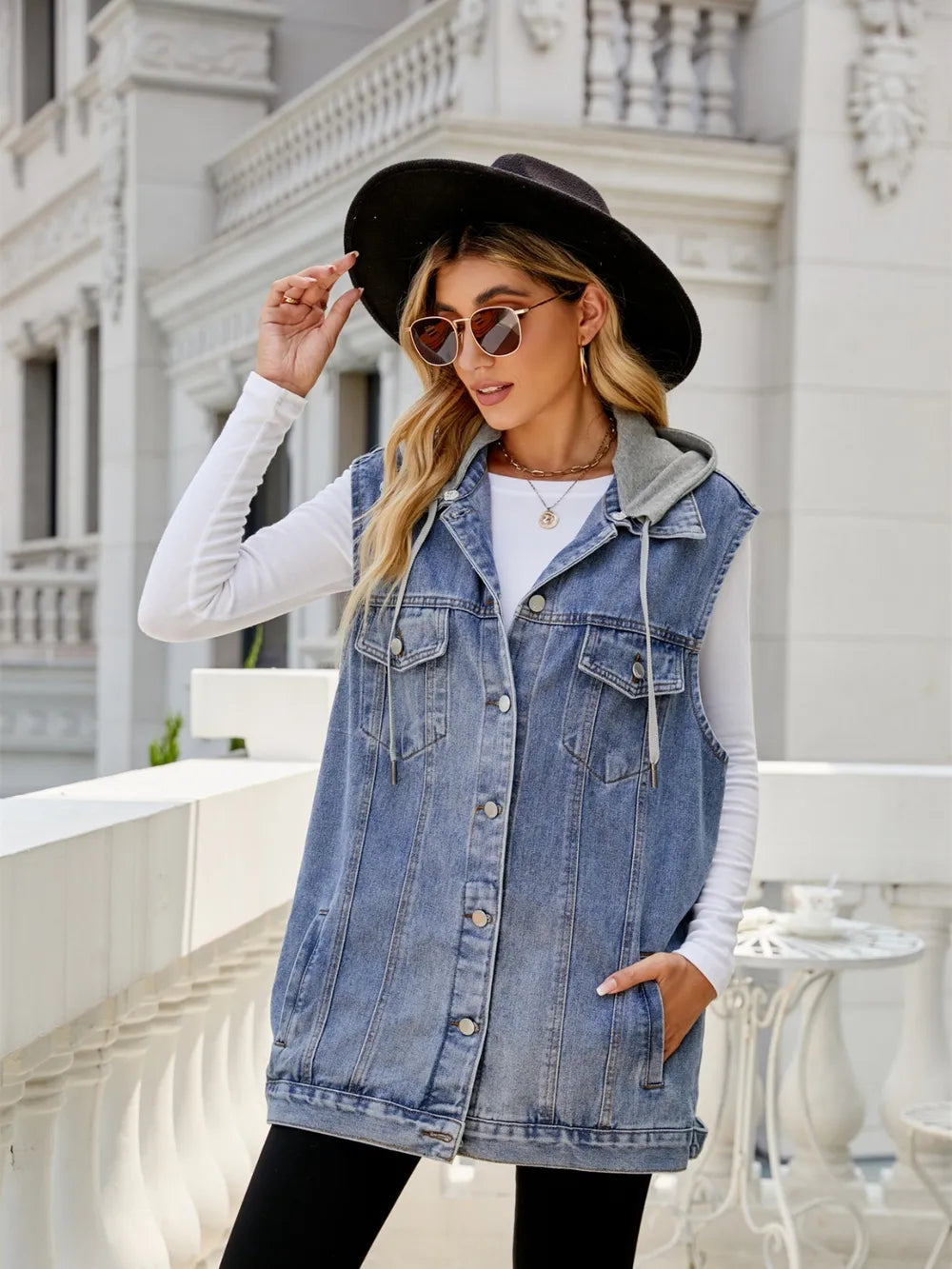 Drawstring Pocketed Button Up Sleeveless Denim Jacket 
