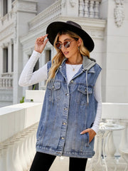 Drawstring Pocketed Button Up Sleeveless Denim Jacket 