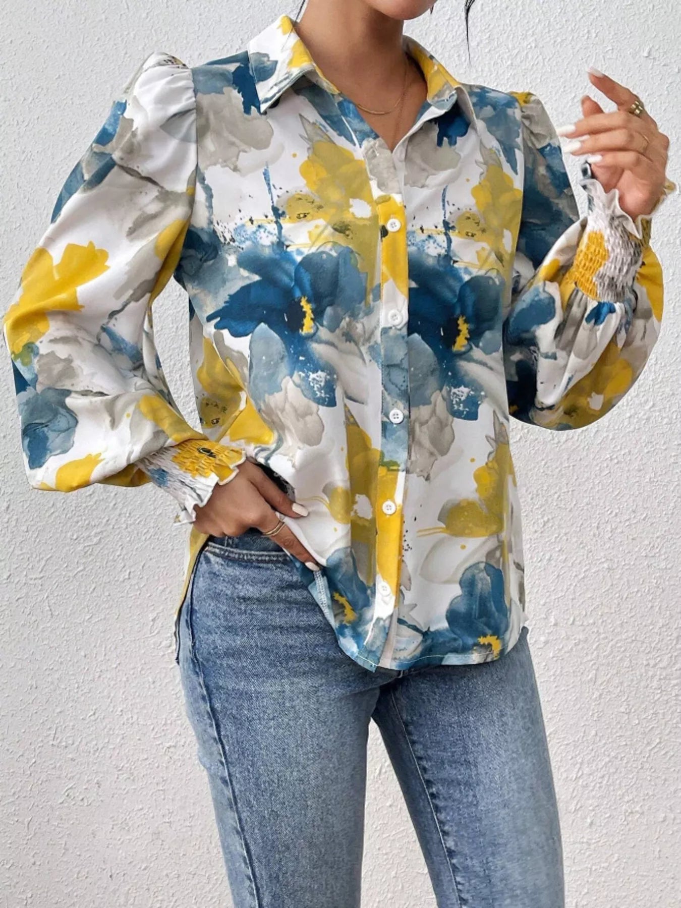 Printed Button Up Lantern Sleeve Shirt 
