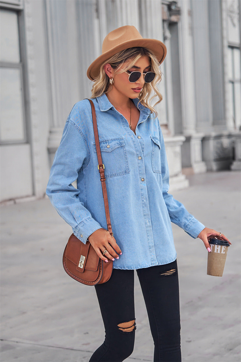 Collared Neck Dropped Shoulder Denim Top 