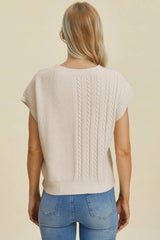 Double Take Full Size Cable-Knit Round Neck Short Sleeve Sweater 