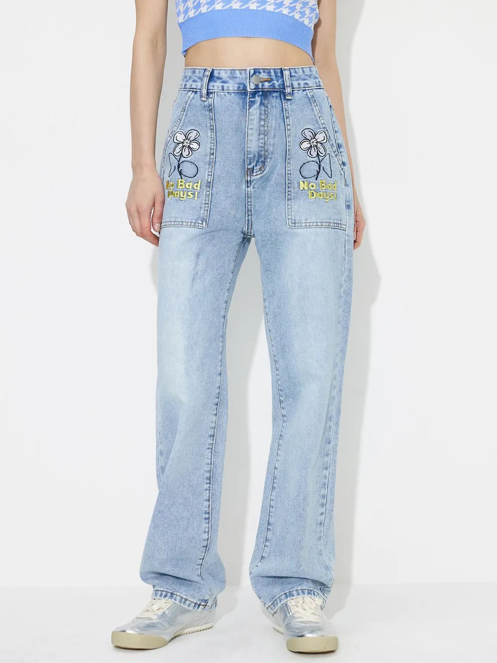 Flower High Rise Straight Leg Jeans with Pockets 