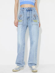 Flower High Rise Straight Leg Jeans with Pockets 