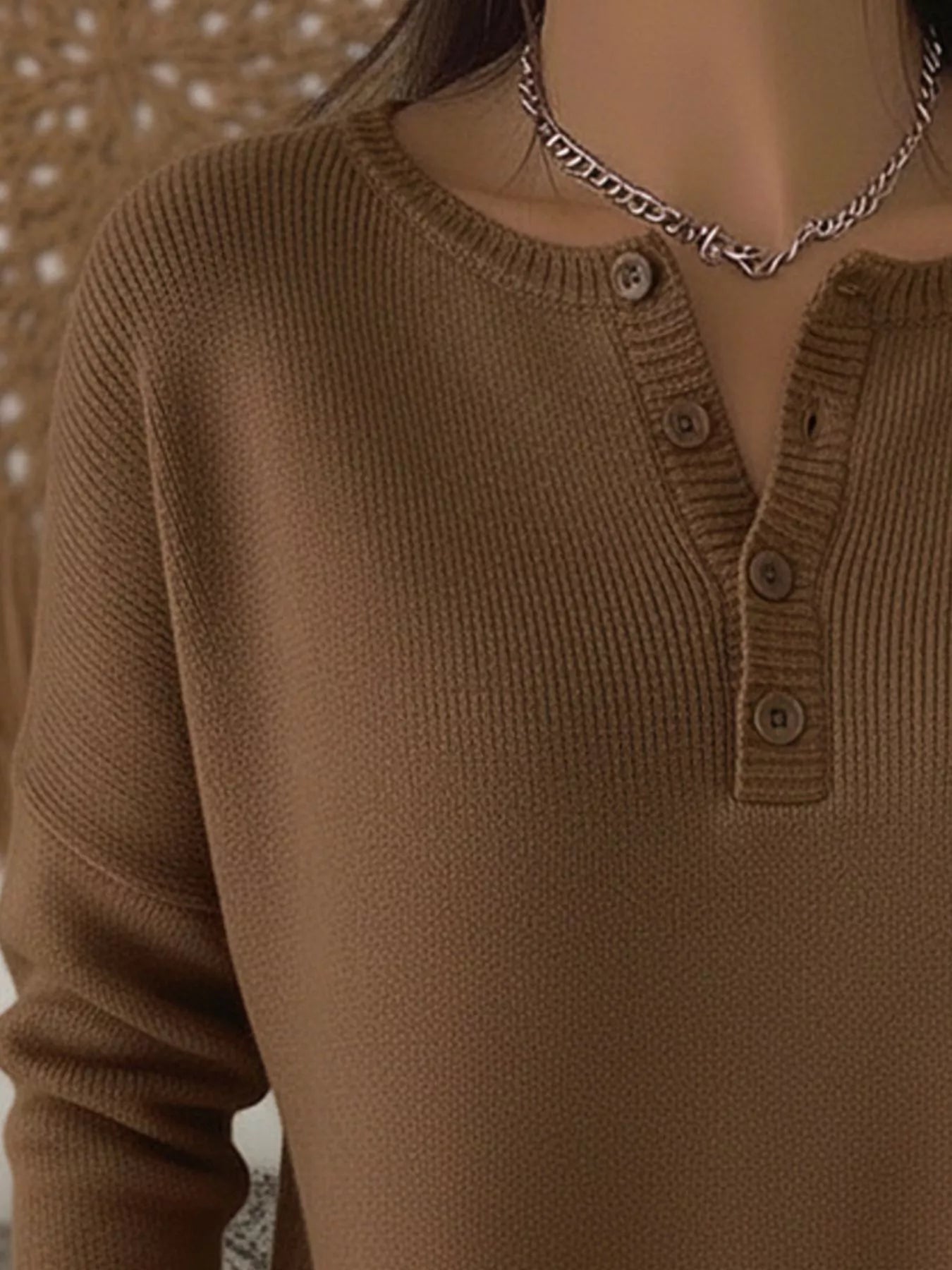 Full Size Half Button Long Sleeve Knit Top Plus Size 