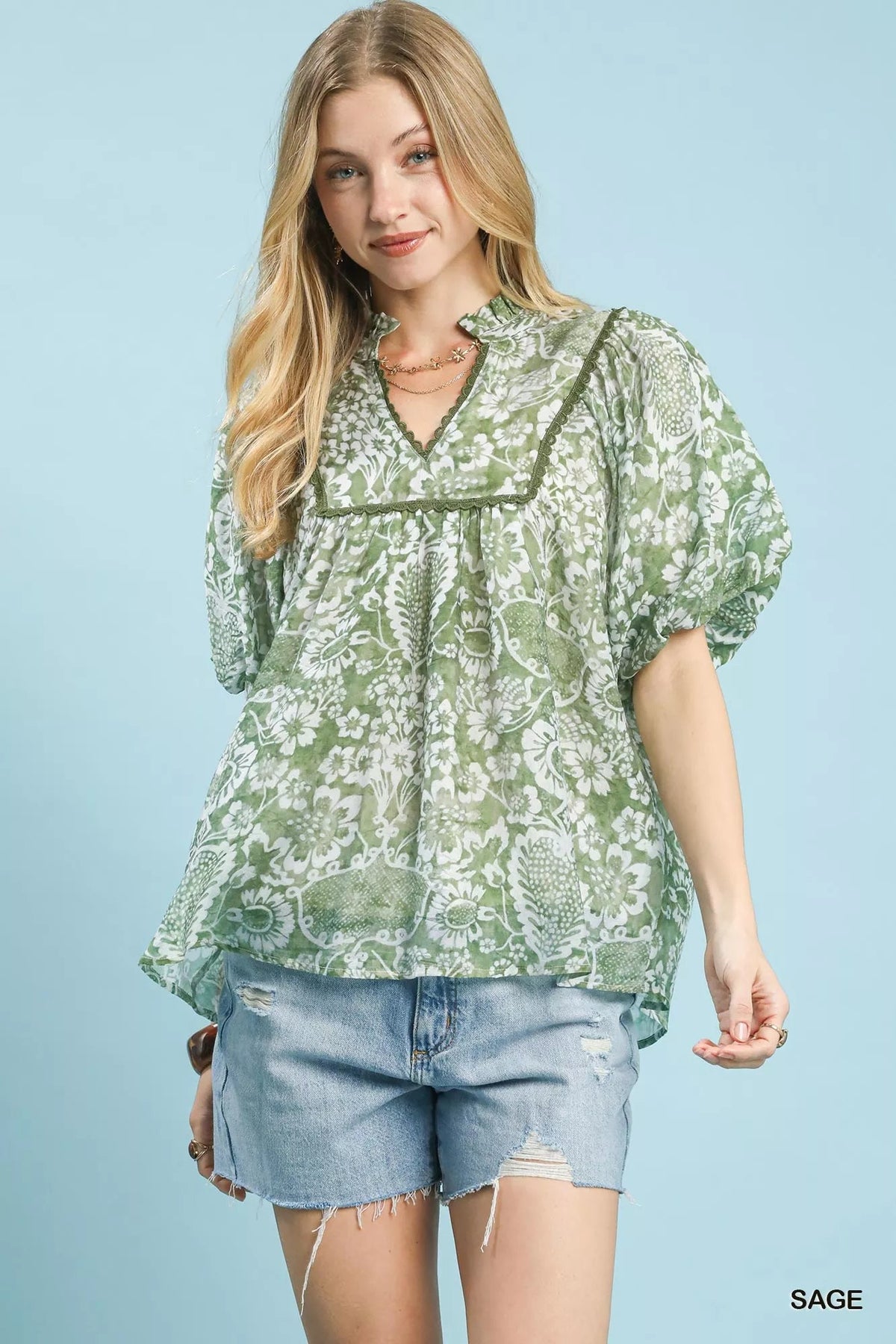Umgee Abstract Print Ruffled Puff Sleeve Top 