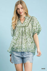Umgee Abstract Print Ruffled Puff Sleeve Top 