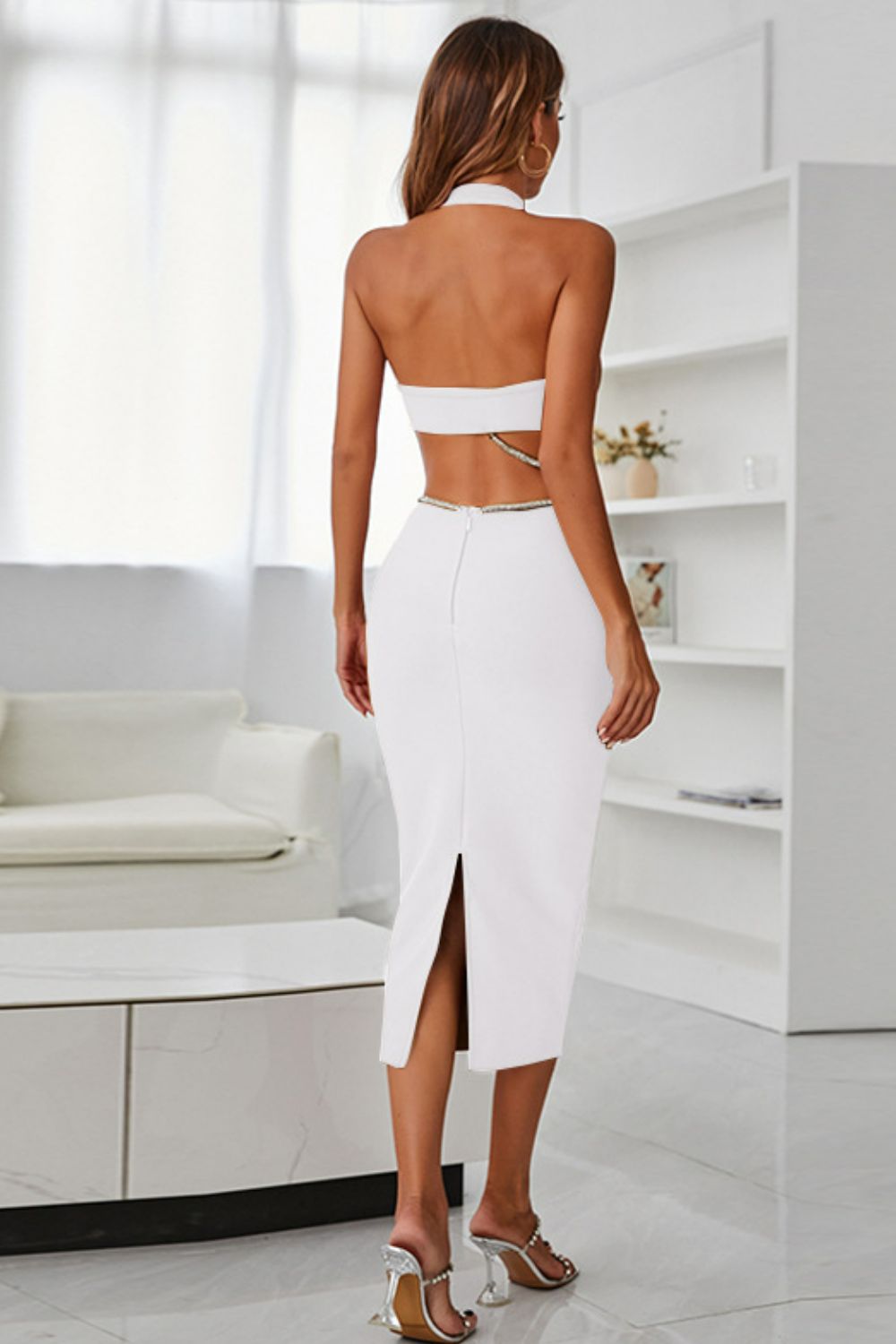 Rhinestone Halter Neck Cutout Slit Midi Dress 