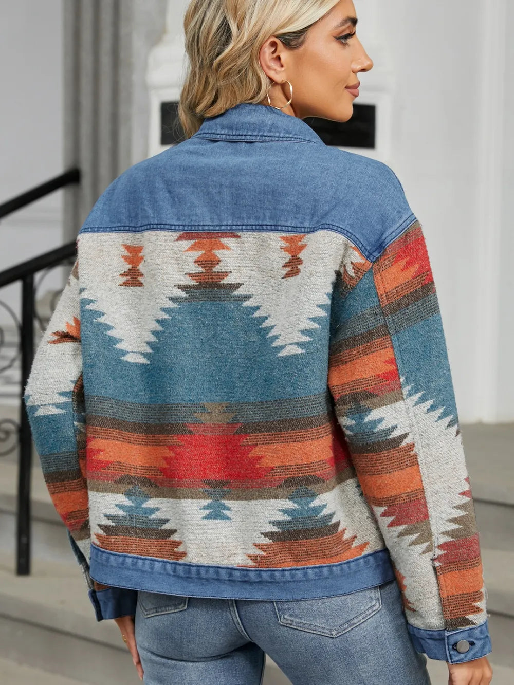 Geometric Button Up Long Sleeve Denim Jacket 