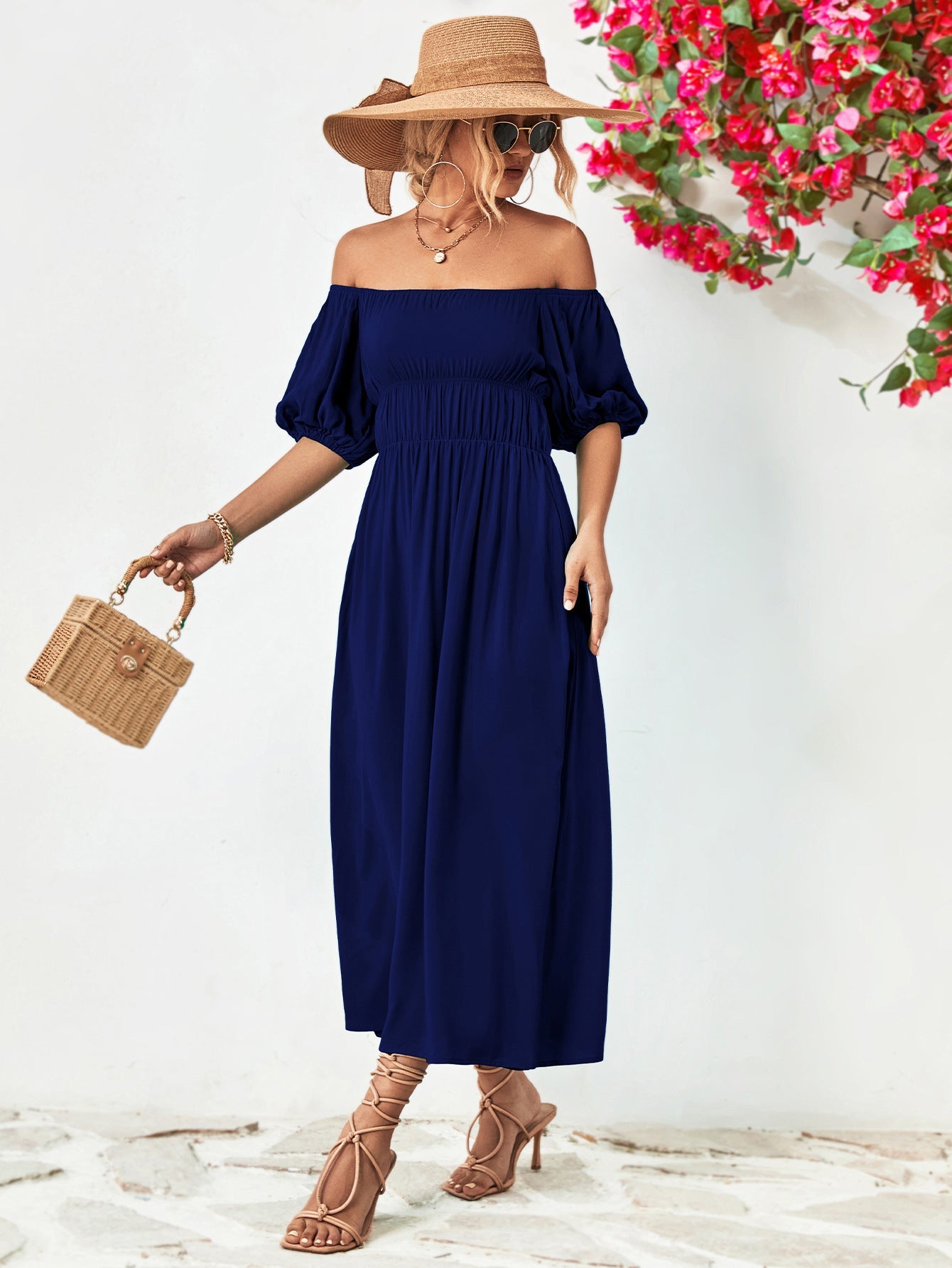 Off-Shoulder Balloon Sleeve Midi Dress 
