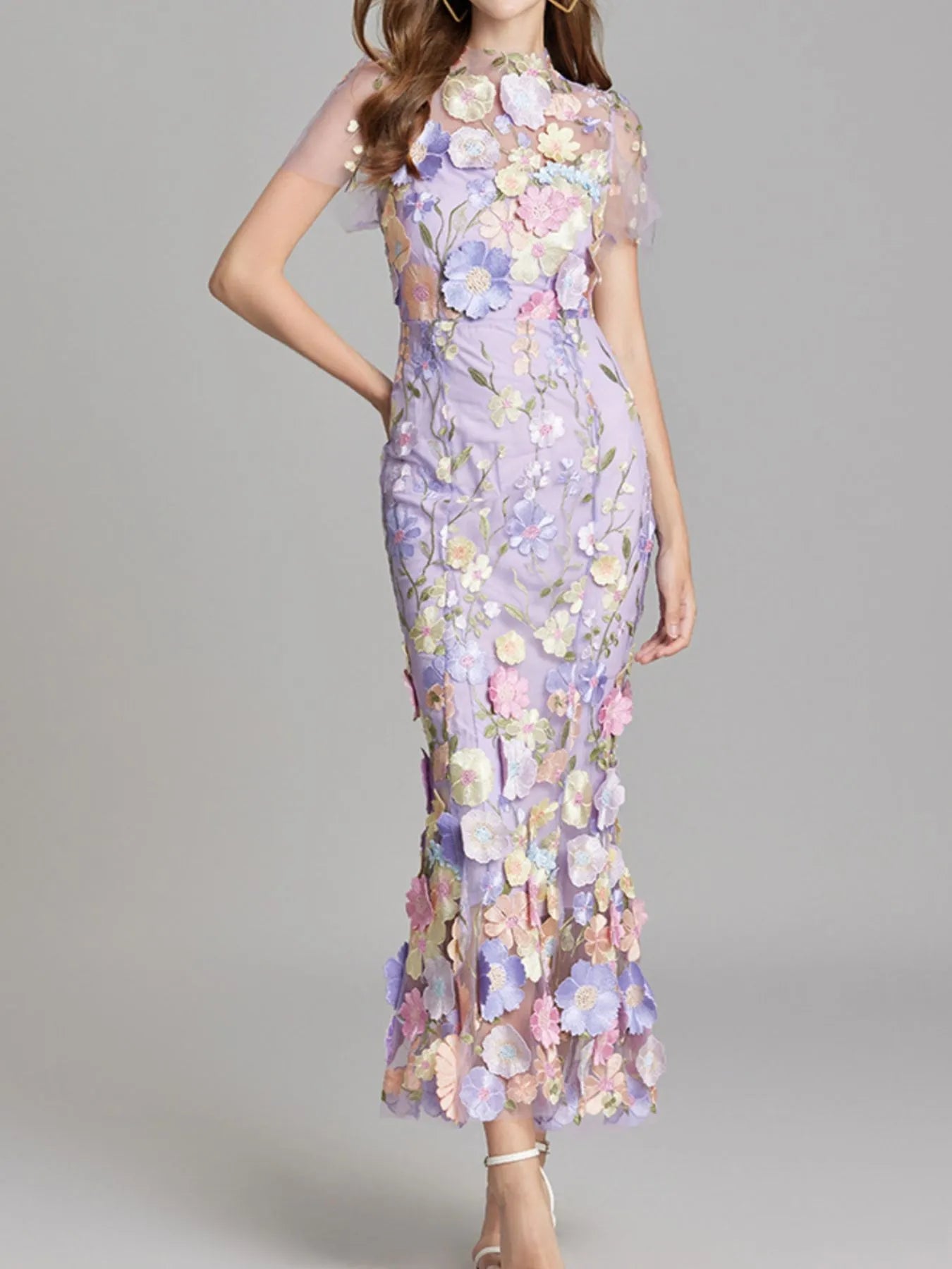 Floral Embroidered Mesh Overlay Maxi Dress 