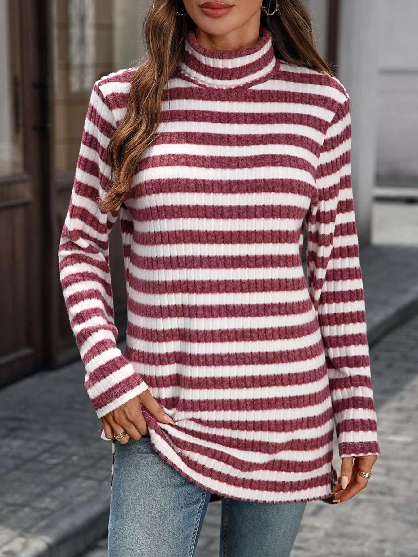 Striped Turtleneck Long Sleeve Knit Top 