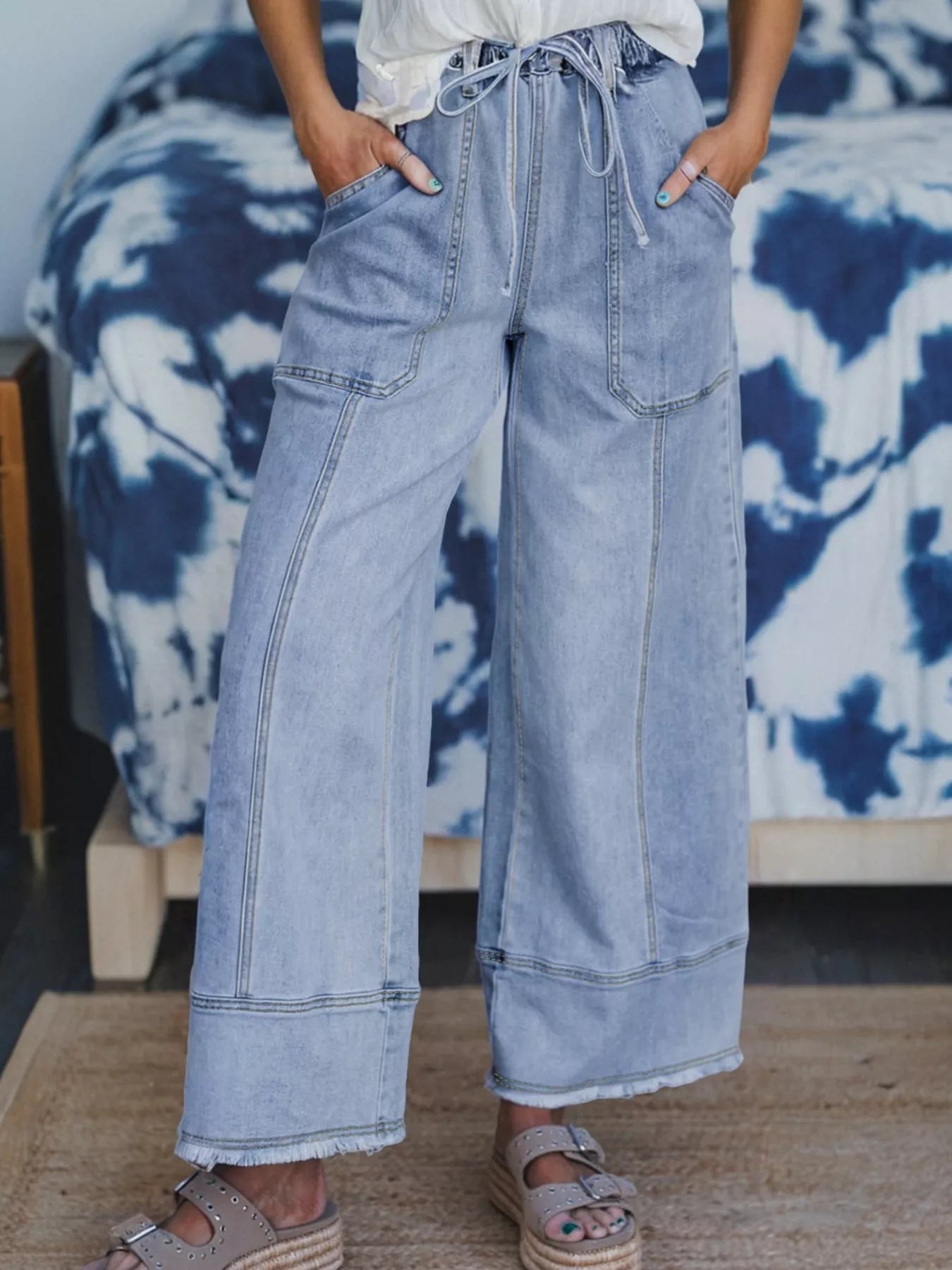 Wide Leg Drawstring Raw Hem Jeans 