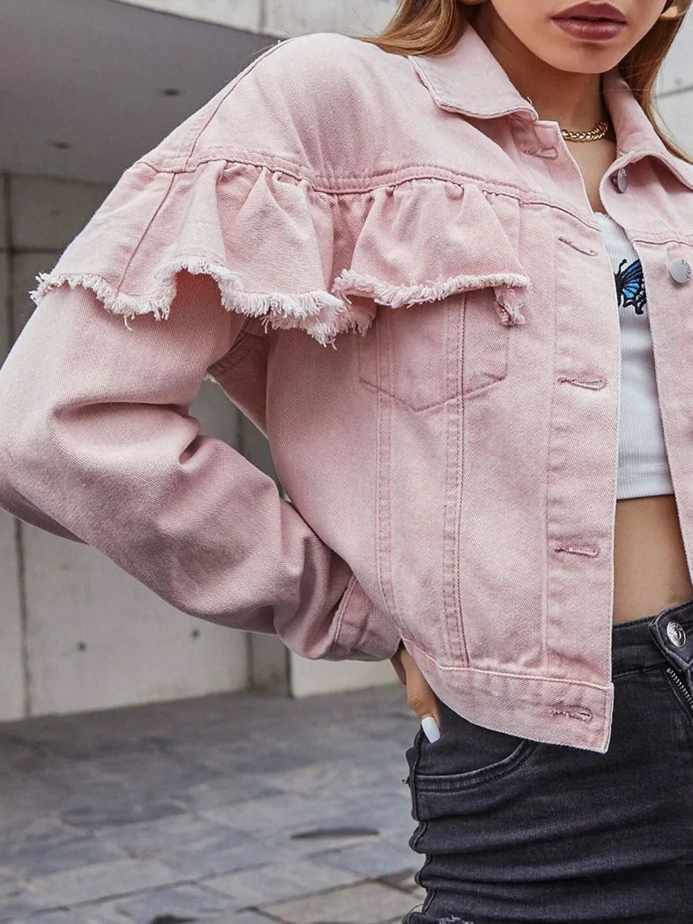 Ruffled Collared Neck Long Sleeve Denim Top 
