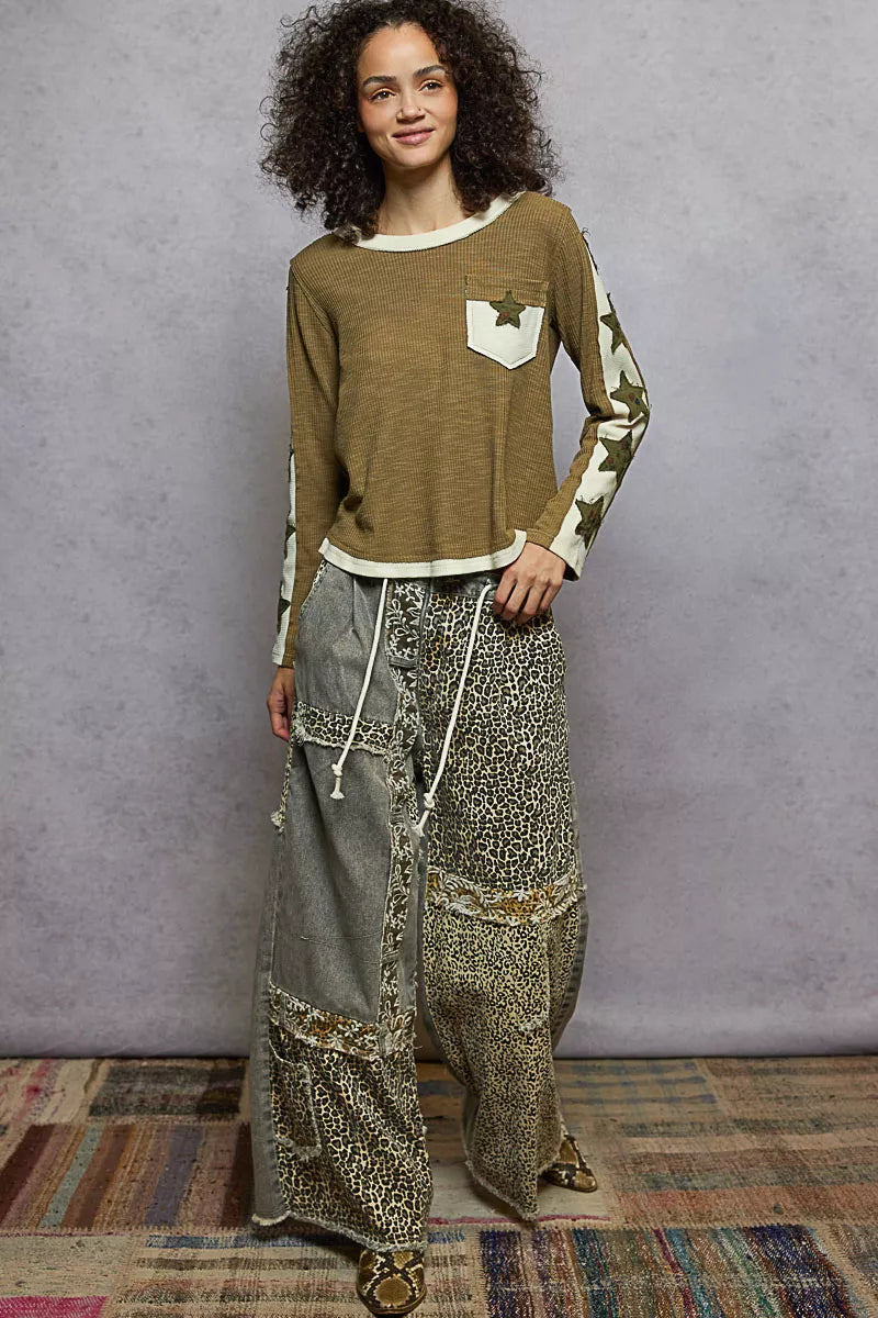 POL Round Neck Long Sleever T-Shirt with Star Patch 
