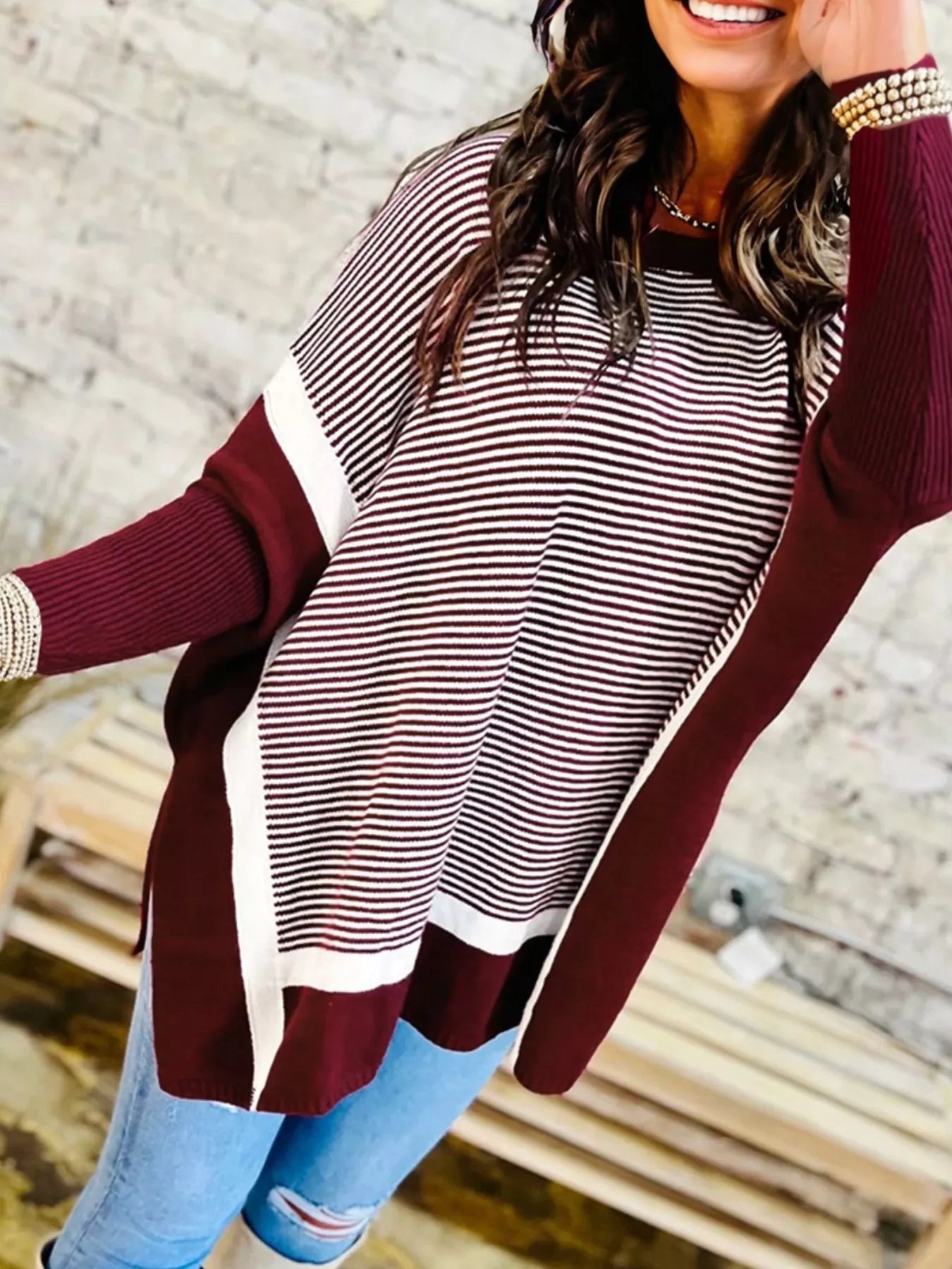 Stripe Color Block Patchwork Dolman Oversize Tunic Sweater 