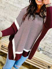 Stripe Color Block Patchwork Dolman Oversize Tunic Sweater 