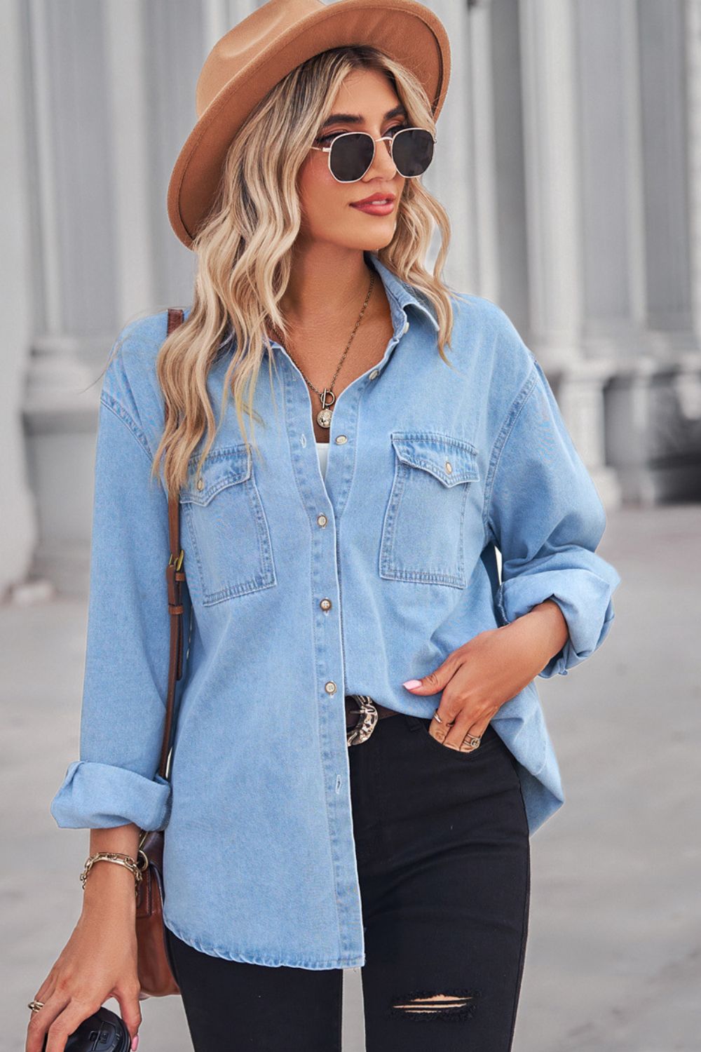 Collared Neck Dropped Shoulder Denim Top 