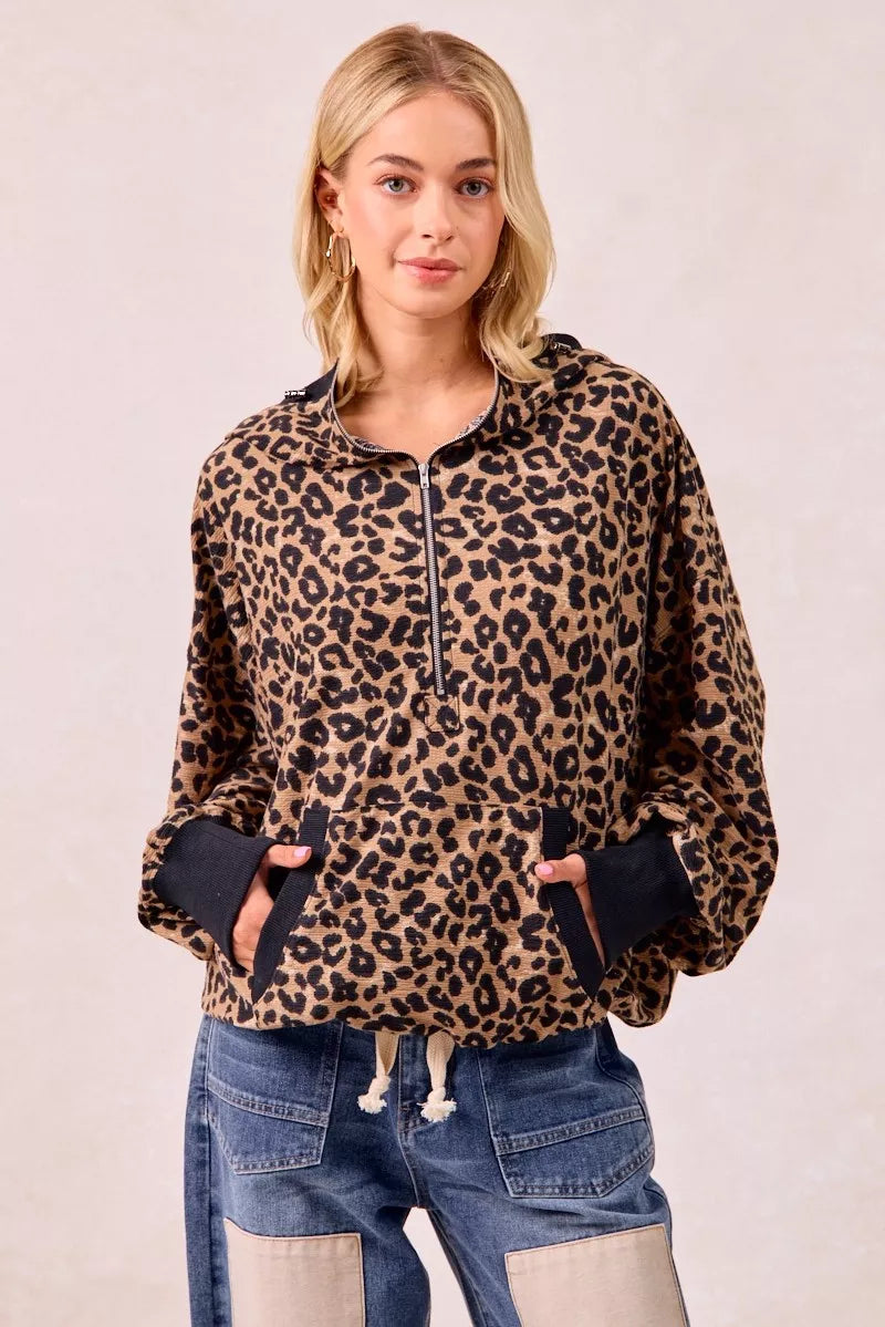BiBi Leopard Print Waffle Half Zip Up Hoodie W Pocket 